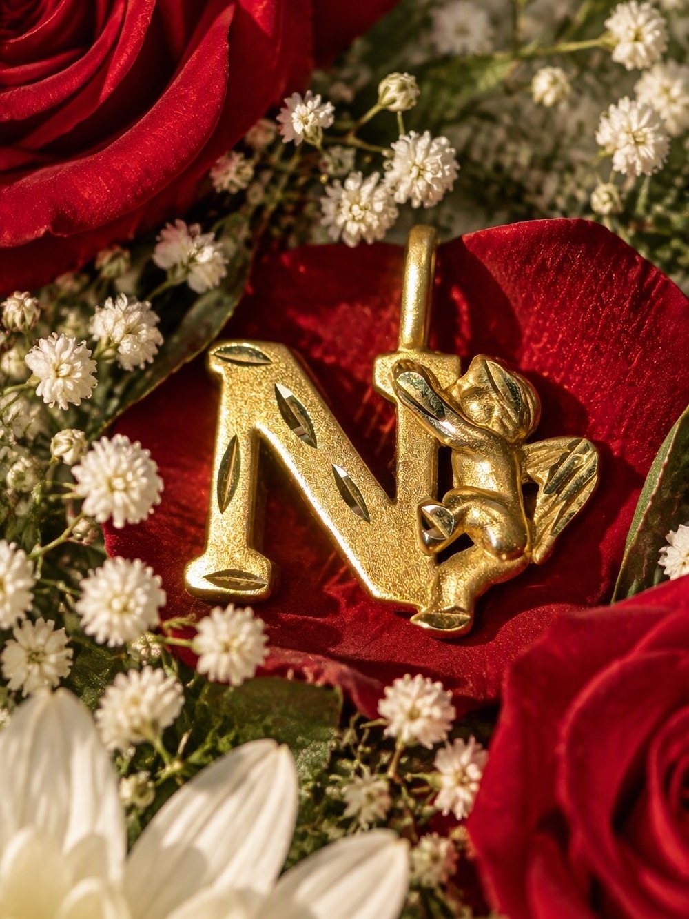 10K Gold Initial 'N' Pendant Charm with Cherub Accent
